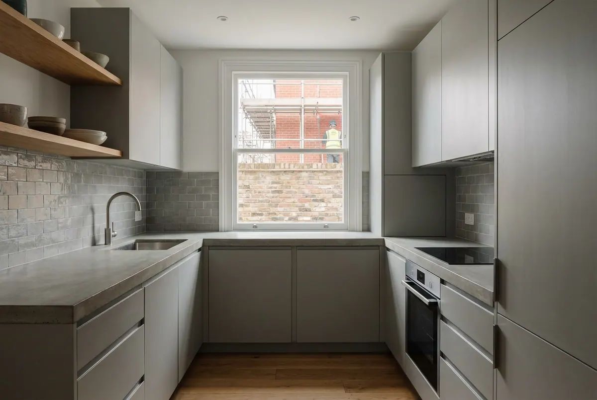 A finished fitted kitchen with a stone worktop