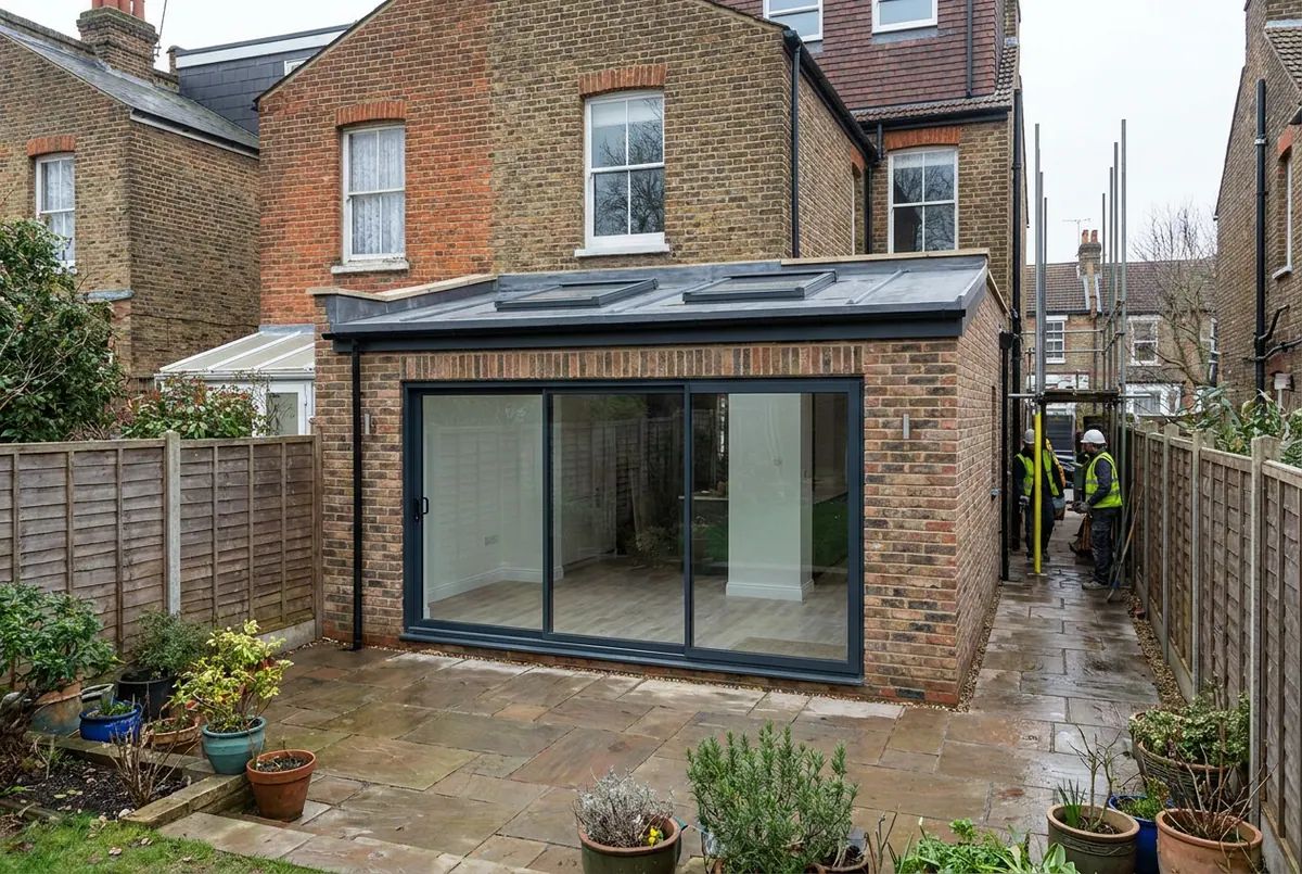 A completed single-storey rear extension with sliding doors