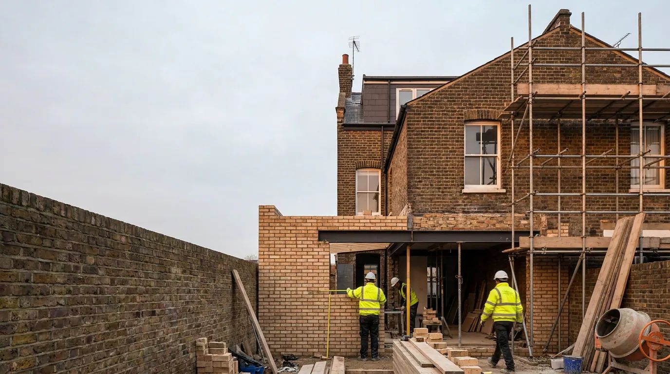 A single-storey rear extension under construction on a London terraced house, with a steel beam over the new opening
